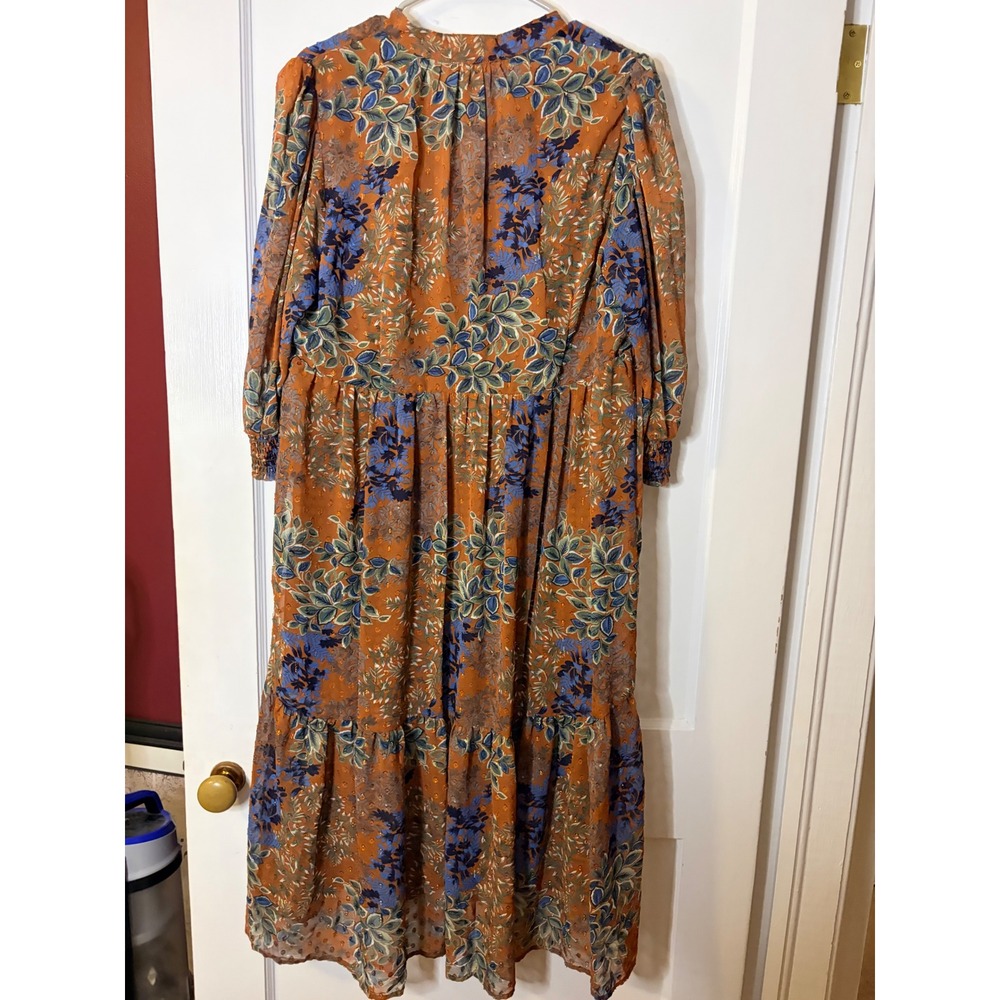 Umgee USA Floral Clip Dot Maxi Dress Rust Orange Metallic Tiered Boho L - Picture 4 of 6